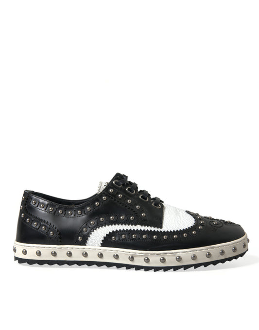 Dolce & Gabbana Black White Studded Leather Sneakers Shoes