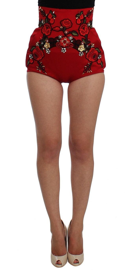 Dolce & Gabbana Red Silk Crystal Roses Shorts