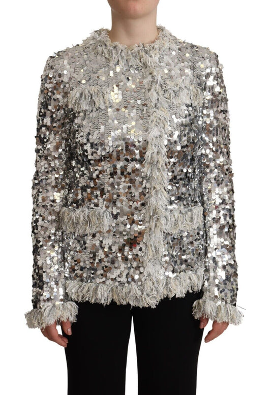 Dolce & Gabbana Silver Sequined Shearling Long Sleeves Jacket